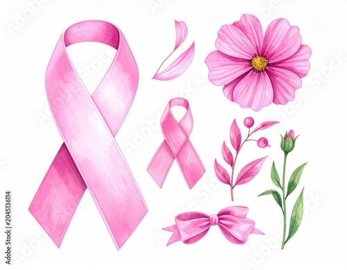 Delicate pink ribbon, flowers, and botanical elements against white