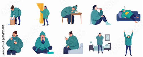 Valokuva Vector illustration set of a young woman suffering from flu, cold, and fever symptoms including sneezing, headache, taking medicine, and finally recovering