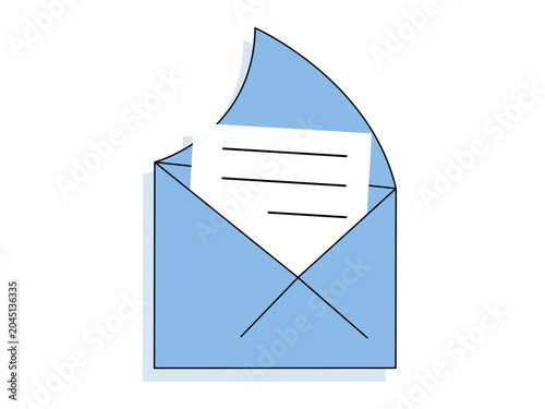 Blue open envelope with a white paper document inside vector illustration. Business communication, email marketing, newsletter, contact us, postal service, invitation. Mailer with paper sheet