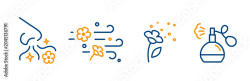 incense icon set, bottle of perfume, inhale the aroma, scent of flowers, sniff nose, outline icons, editable stroke vector illustration