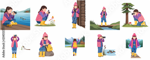 Little Girl Photographer Exploring Nature and Taking Pictures in Various Outdoor Settings Illustration Set