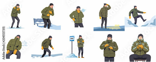 Bild auf Leinwand Set of flat vector illustrations depicting a man dealing with various winter struggles, including cold weather, seasonal illness, and travel difficulties