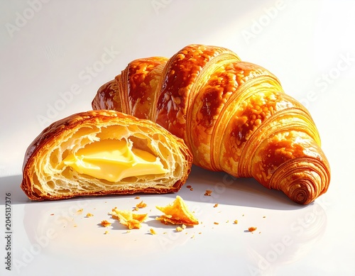 Golden, flaky croissant, one whole, one sliced revealing creamy butter filling