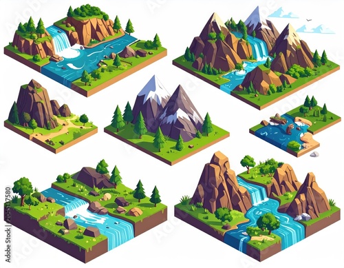 Isometric dioramas of lush, rocky landscapes with rivers and waterfalls
