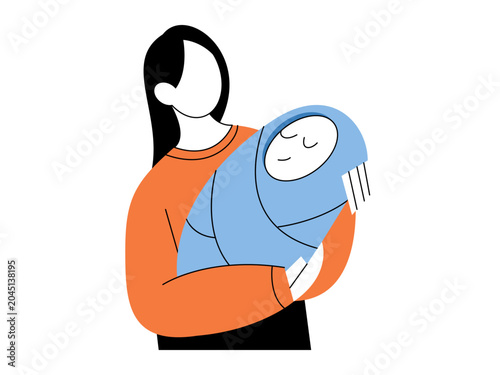A woman holding a swaddled newborn baby vector illustration. Motherhood, childcare, family support, pediatric care, parenting, maternal health. Mother cradling an infant child in her arms