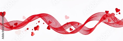 Red ribbon wave with flying hearts on white backdrop, romantic panoramic banner