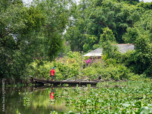 Schilderij op canvas Small boat navigating water hyacinth on a Mekong Delta canal, Vietnam