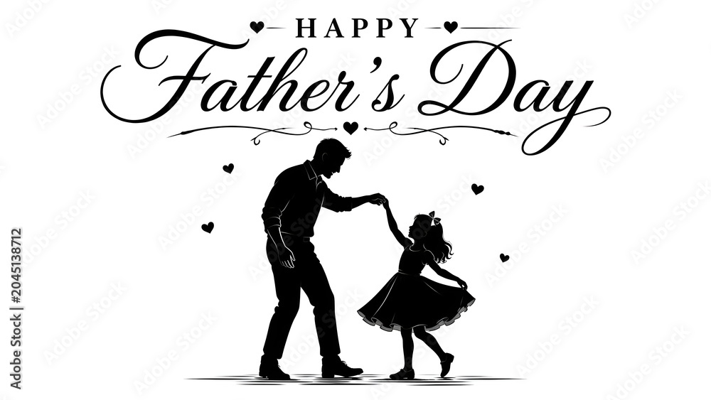 Fototapeta premium Happy Father's Day Silhouette: A loving father and daughter dance together in silhouette, celebrating Father's Day with a heartwarming embrace under a sky adorned with delicate hearts.