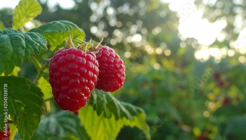 Ripe Red Raspberry Growing on Leafy Cane in Sunlit Garden