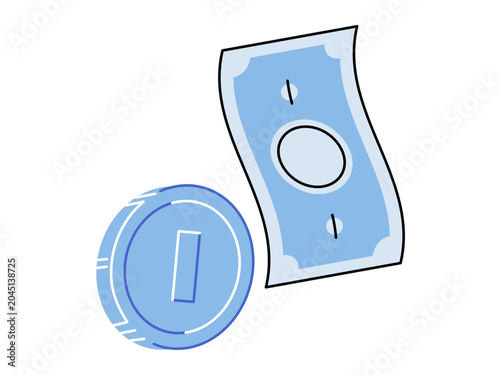 Blue coin and paper banknote vector illustration. Financial savings, banking services, online payment, economy growth, budget planning, investment strategy. Cash currency and metal token