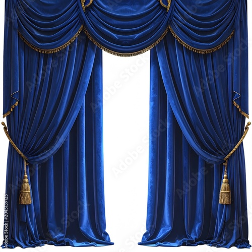 Opulent blue velvet stage curtains with golden tassels and trim