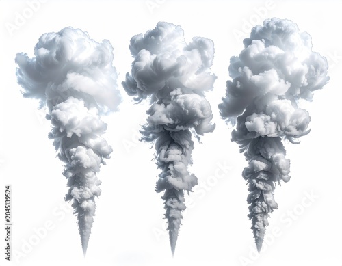 Three billowing columns of white smoke rise against a stark white background