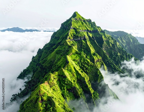 Jagged green mountain peak pierces soft clouds; misty valleys below