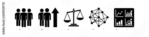 Fotografia A set of five minimalist black icons on a white background representing key business concepts: teamwork, professional growth, ethics and balance, networking, and data analysis metrics