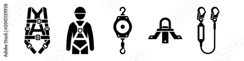 Obraz na płótnie Set of flat black icons for fall protection equipment: full body harness, worker with safety gear, retractable lifeline, roof anchor, and shock-absorbing lanyard for industrial construction safety