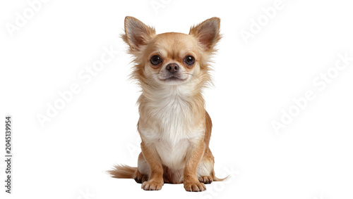 Photos Isolated charming long-haired chihuahua dog with sweet expression sitting upright, lovely domestic animal