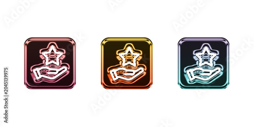 3d Colorful star icons on hand with shiny effect and white outline isolated on transparent background