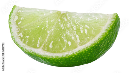 Foto Isolated vibrant green lime slice cut open to reveal juicy pulp, fresh citrus fr