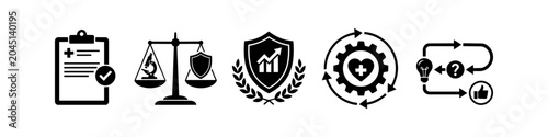 Fotografie A set of professional black and white healthcare icons representing medical compliance, legal ethics, insurance growth, health systems, and innovative medical solutions