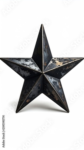 A rustic, weathered metal star ornament with a textured surface