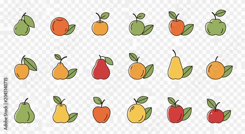 Assorted Fruit Icons: Apples, Pears, and Oranges in a Flat Design Style
