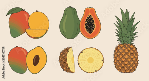 Assorted Tropical Fruits: Mango, Papaya, Pineapple - Whole and Sliced