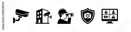 Quadro su tela Set of security and surveillance icons featuring CCTV cameras, building monitoring, an observer with binoculars, a protective shield, and a multi-feed video control system