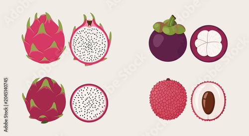 Assortment of Exotic Tropical Fruits: Dragon Fruit, Mangosteen, Lychee - Whole and Sliced