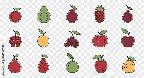 Assorted Fresh Fruits Collection: Apples, Pears, Grapes, Berries, and More - Vector Icons