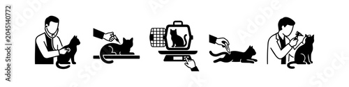 Tableau sur toile Minimalist black and white veterinary icons featuring a cat at a clinic for checkup, injection, weighing, ear exam, and treatment