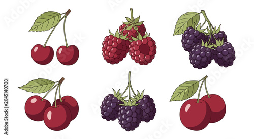 Assortment of Fresh Cherries, Raspberries, and Blackberries on White Background