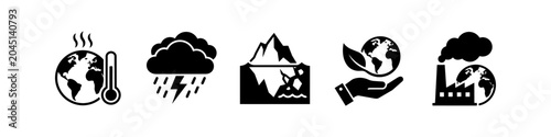 Foto Vector set of climate change icons: global warming, extreme weather, melting glaciers, sustainability, and industrial pollution
