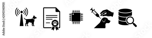 Konstfotografi Set of black pet microchipping and identification icons including tracking signal, registration document, electronic chip, veterinarian implantation process, and searchable database