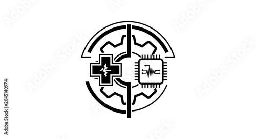 Biotechnology Concept: Medical Cross and Microchip Symbolizing Health Tech Innovation