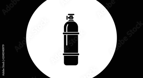 Black and white icon of a gas cylinder in a white circle on a black background