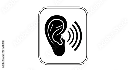 Black and White Icon of an Ear with Sound Waves, Symbolizing Hearing and Listening