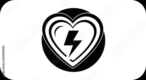 Black Heart with Lightning Bolt Icon, Symbolizing Defibrillator, Cardiac Arrest, or Heart Health