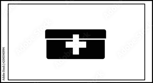 Black medical first aid kit icon with white cross symbol on white background