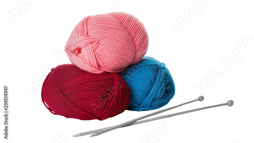 Canvas Print Isolated colorful yarn balls and knitting needles for handmade craft hobby and c