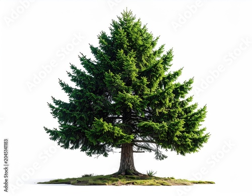 Lush, full evergreen conifer stands tall against a clean white background