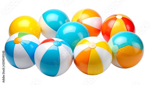 Colorful Inflatable Beach Balls Arranged on White Studio Background