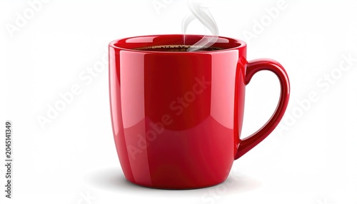 A vibrant red mug filled with steaming hot coffee against a pure white backdrop