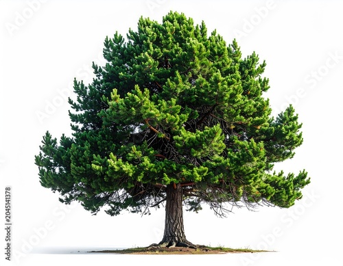 Lush green conifer tree with spreading branches and textured bark