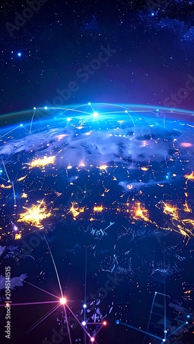 Glowing Digital Earth with Connected Network Lines in Starry Outer Space