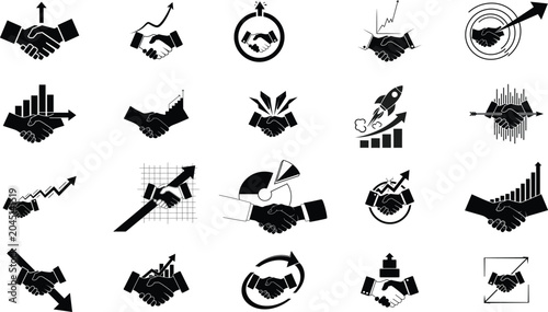 Handshake business icons set with graphs and charts