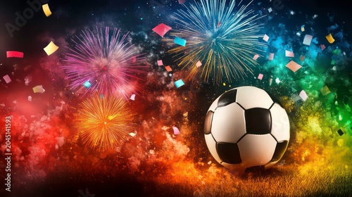 A soccer ball sits in the foreground of an explosion of colorful fireworks and confetti.