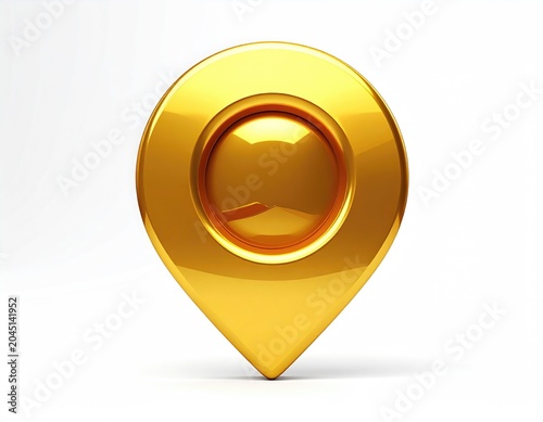 A polished golden map pin rests on a clean white background