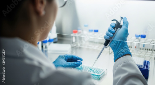 Scientist Pipetting Liquid Sample in Laboratory for Research Experiment of Drug Discovery and Pharmaceutical Development in Modern Healthcare Technology