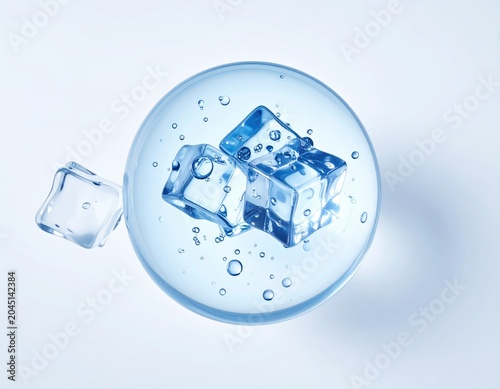Clear liquid sphere with ice cubes, bubbles, and floating ice shard