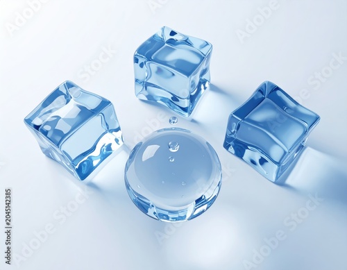 Transparent ice cubes and a water droplet sphere with reflections